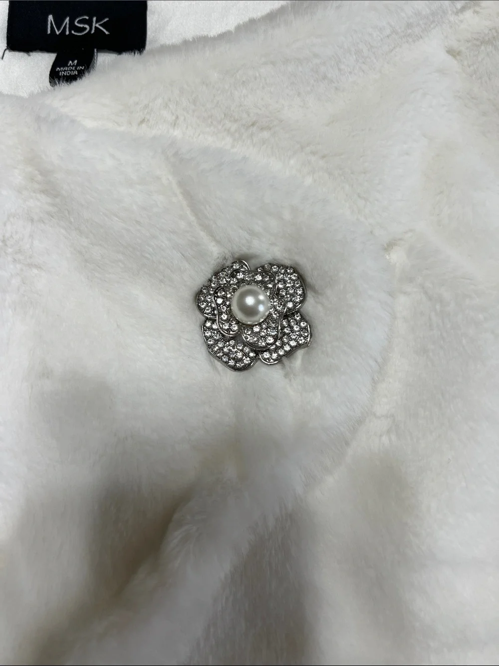 MSK White Faux Fur Bridal Wrap with Silver-Tone Brooch